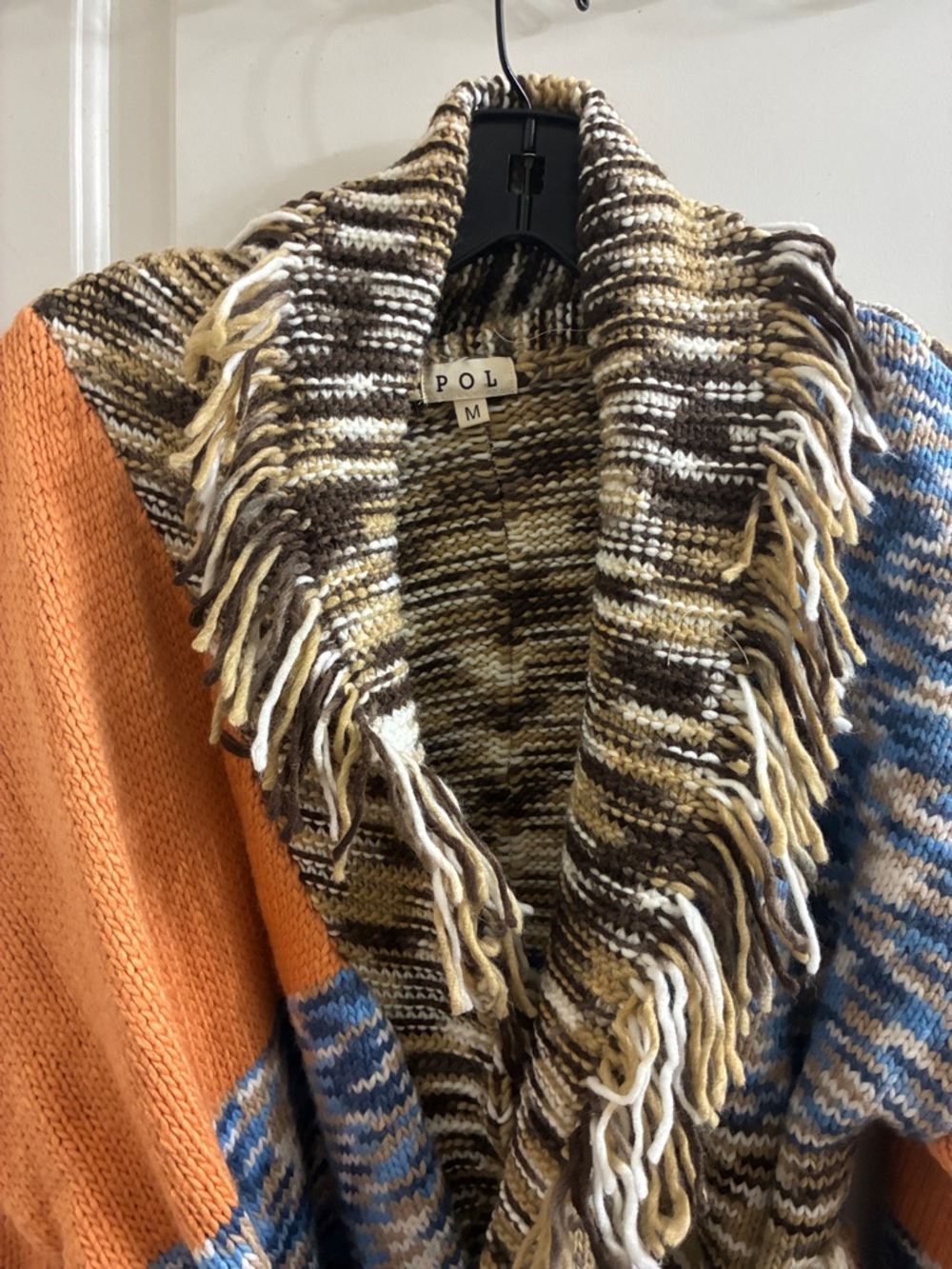 POL Multicolor Knit Fringe Shawl Cardigan - Orange Blue Brown Cream